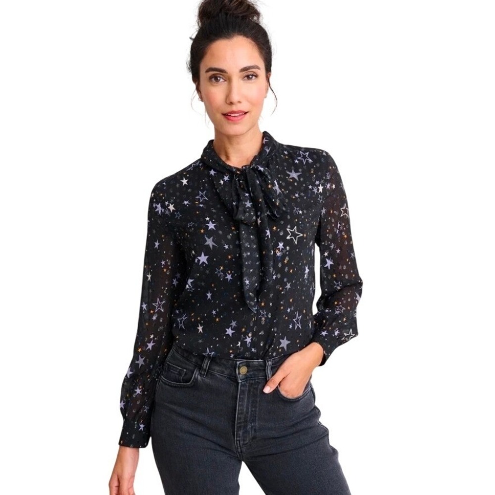UNTUCKit Star Print Tie Neck Blouse Womens Black Sheer Size 6 Whimsigoth‎